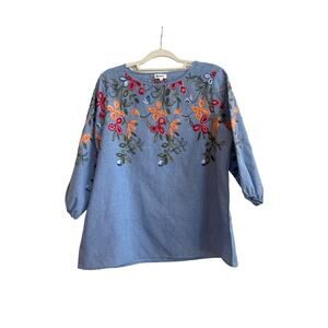 Kindred Blue Chambray Blouse with Multicolor Embroidered Floral Design